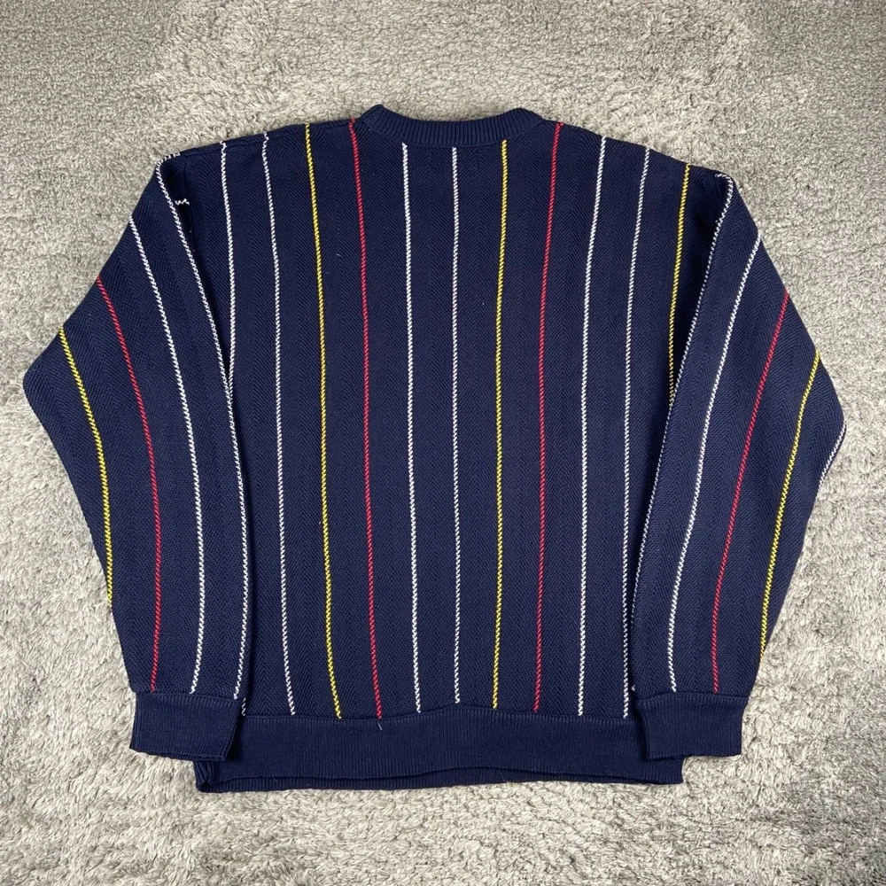 Vintage Ralph Lauren Chaps Sweater Mens M Navy Blue Stripe Herringbone Knit USA